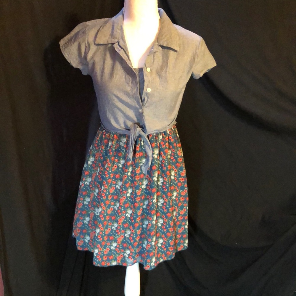 Floral and denim short sleeved dress